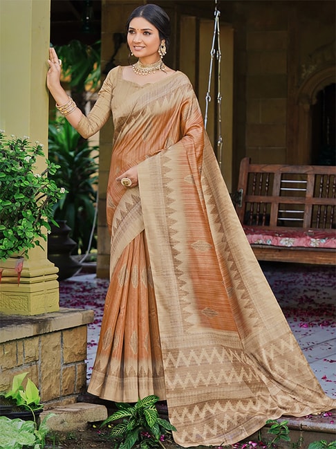 Saree Mall Peach Silk Printed Saree With Unstitched Blouse Price in India