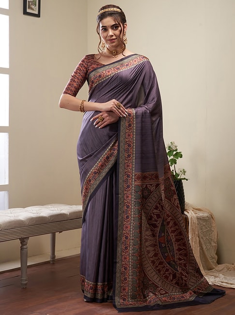 Saree Mall Purple Silk Printed Saree With Unstitched Blouse Price in India
