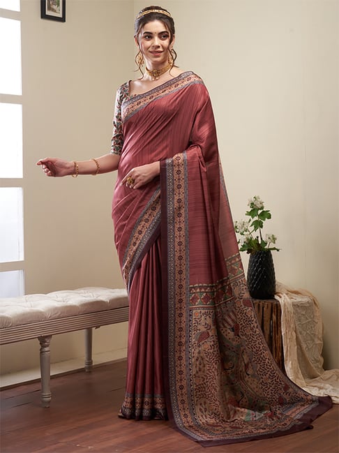 Saree Mall Brown Silk Printed Saree With Unstitched Blouse Price in India