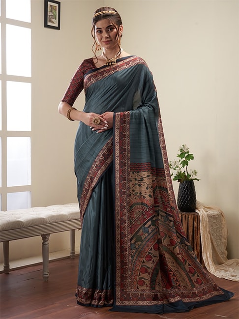 Saree Mall Teal Green Silk Printed Saree With Unstitched Blouse Price in India