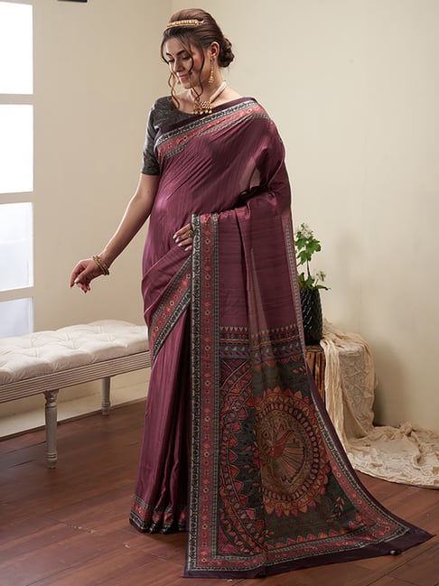 Saree Mall Purple Silk Printed Saree With Unstitched Blouse Price in India