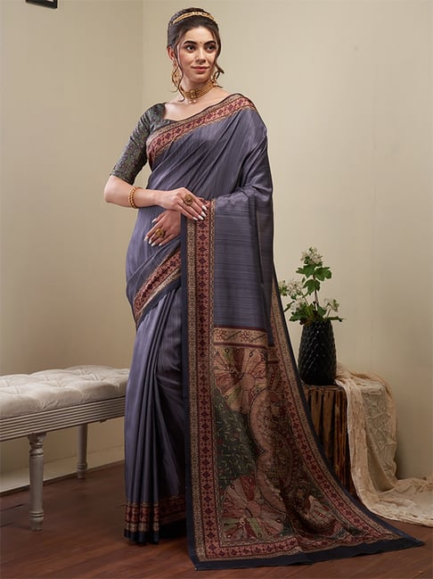 Saree Mall Grey Silk Printed Saree With Unstitched Blouse Price in India