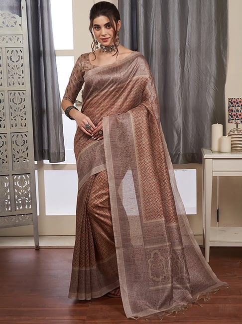 Saree Mall Brown Silk Printed Saree With Unstitched Blouse Price in India