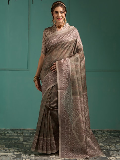 Saree Mall Olive Green Silk Printed Saree With Unstitched Blouse Price in India
