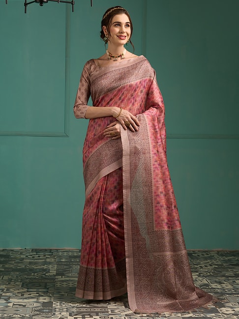 Saree Mall Pink Silk Printed Saree With Unstitched Blouse Price in India