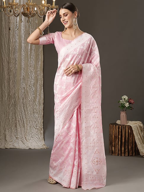 Saree Mall Pink Cotton Woven Saree With Unstitched Blouse Price in India