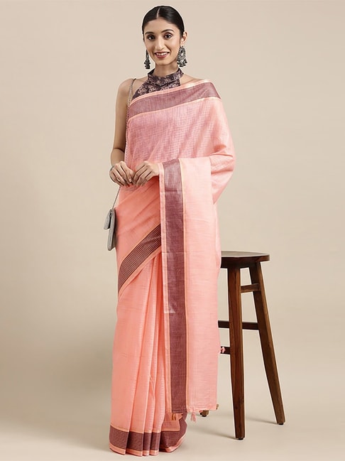 Saree Mall Peach Cotton Striped Saree With Unstitched Blouse Price in India