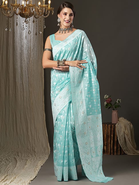 Saree Mall Turquoise Cotton Woven Saree With Unstitched Blouse Price in India
