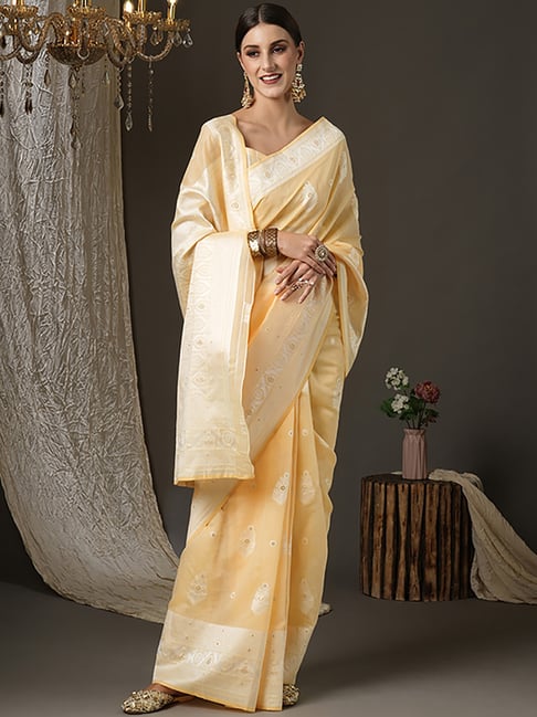 Saree Mall Beige Cotton Woven Saree With Unstitched Blouse Price in India