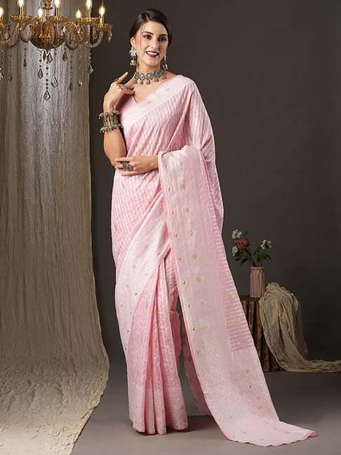 Saree Mall Pink Cotton Woven Saree With Unstitched Blouse Price in India