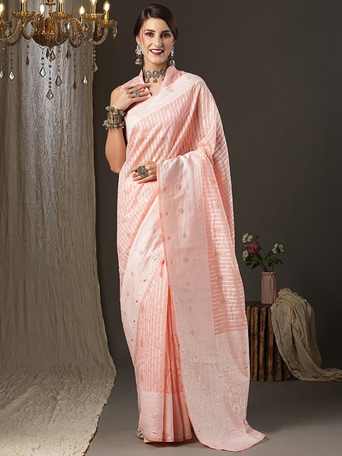 Saree Mall Peach Cotton Woven Saree With Unstitched Blouse Price in India