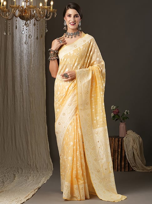 Saree Mall Yellow Cotton Woven Saree With Unstitched Blouse Price in India