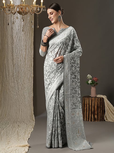 Saree Mall Grey Cotton Woven Saree With Unstitched Blouse Price in India