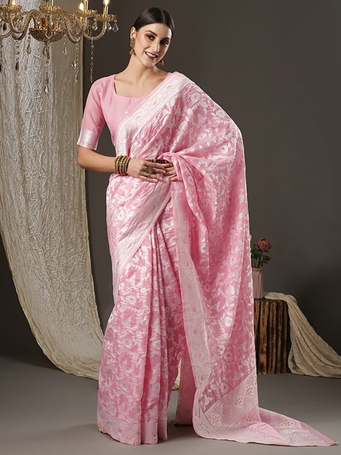 Saree Mall Pink Cotton Woven Saree With Unstitched Blouse Price in India