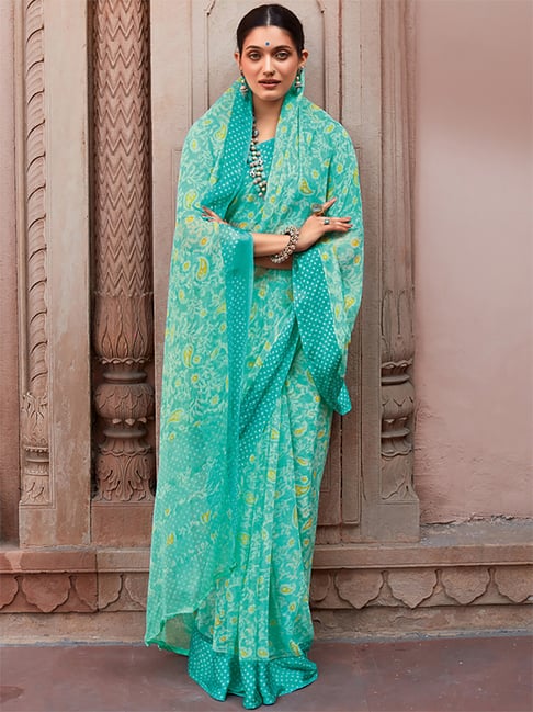 Saree Mall Turquoise Printed Saree With Unstitched Blouse Price in India