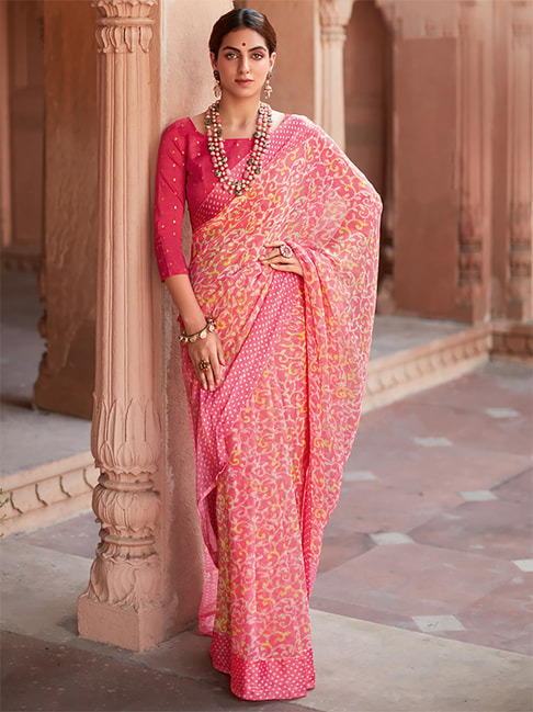 Saree Mall Pink Printed Saree With Unstitched Blouse