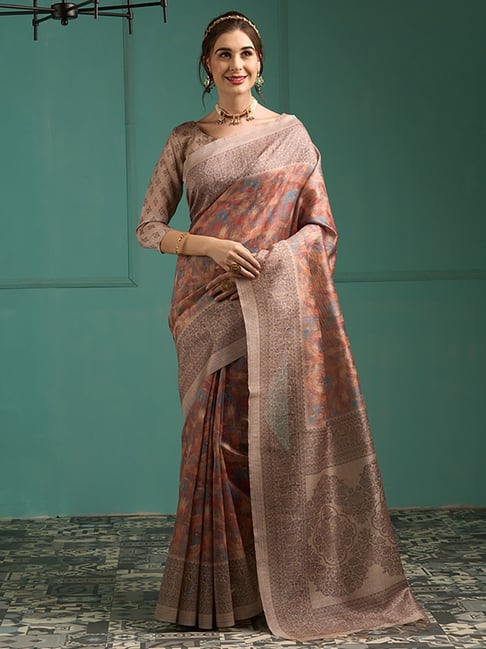Saree Mall Peach & Brown Silk Printed Saree With Unstitched Blouse Price in India