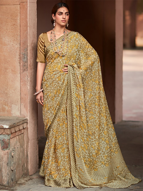 Saree Mall Khaki Printed Saree With Unstitched Blouse Price in India