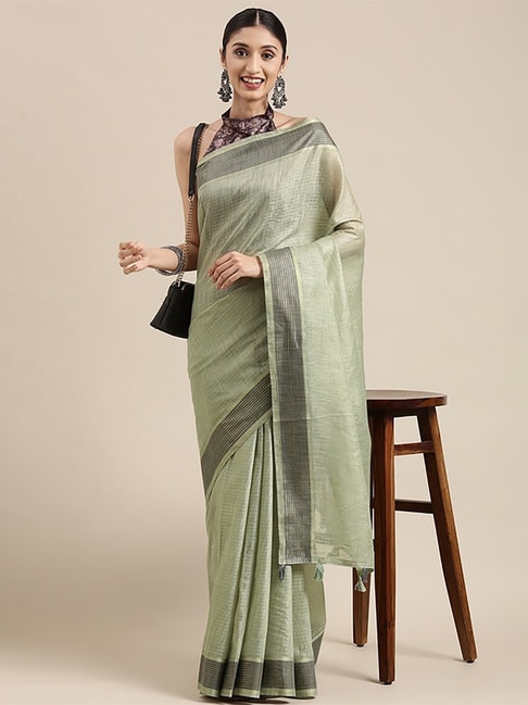 Saree Mall Olive Green Cotton Striped Saree With Unstitched Blouse Price in India
