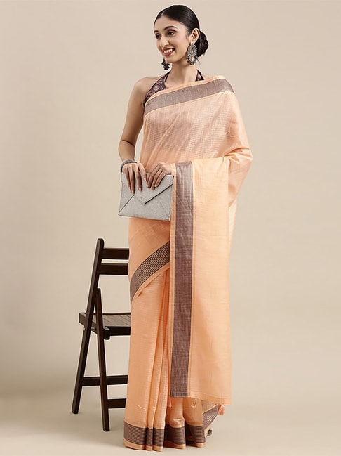 Saree Mall Peach Cotton Striped Saree With Unstitched Blouse Price in India