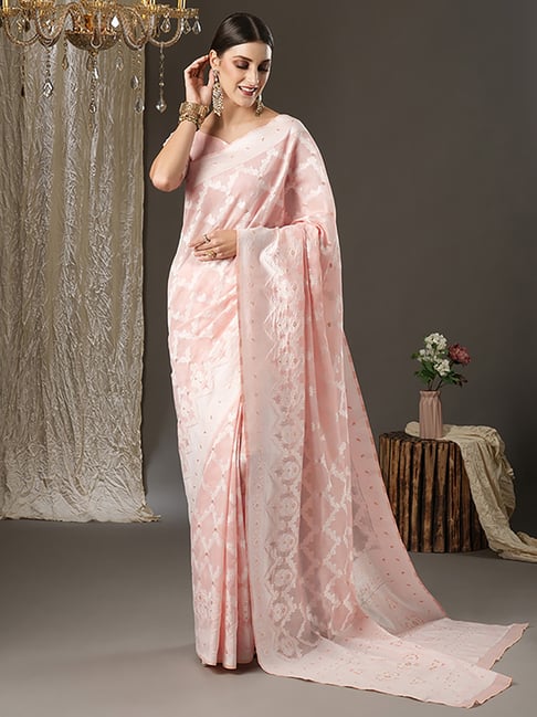 Saree Mall Peach Cotton Woven Saree With Unstitched Blouse Price in India