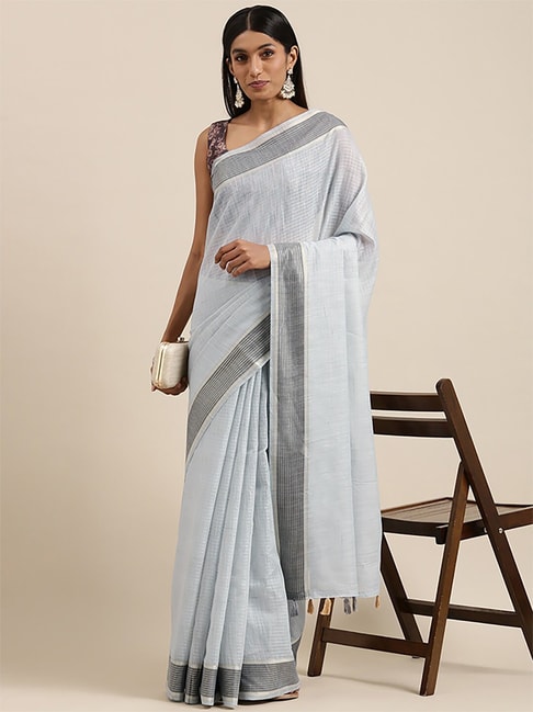 Saree Mall Grey Cotton Striped Saree With Unstitched Blouse Price in India