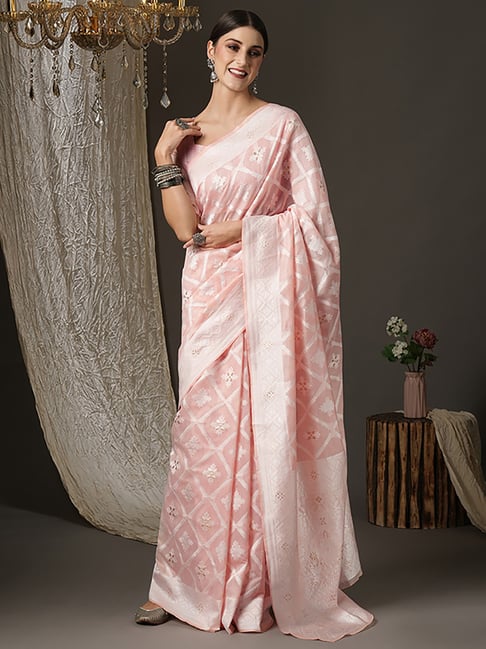 Saree Mall Peach Cotton Woven Saree With Unstitched Blouse Price in India