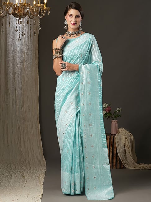 Saree Mall Turquoise Cotton Woven Saree With Unstitched Blouse Price in India