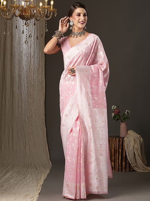Saree Mall Pink Cotton Woven Saree With Unstitched Blouse Price in India