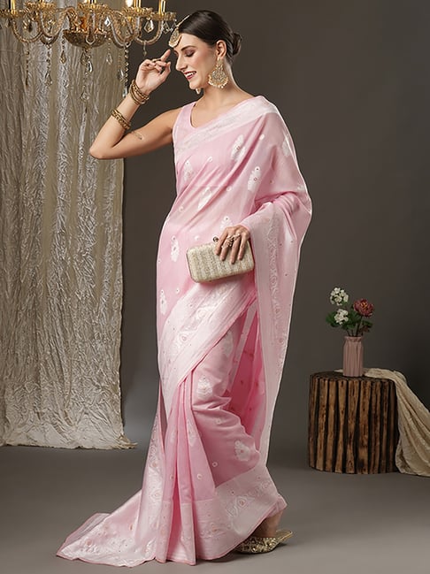 Saree Mall Pink Cotton Woven Saree With Unstitched Blouse Price in India