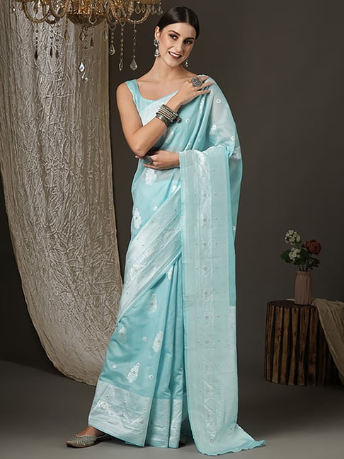 Saree Mall Turquoise Cotton Woven Saree With Unstitched Blouse Price in India