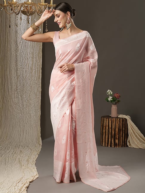 Saree Mall Peach Cotton Woven Saree With Unstitched Blouse Price in India