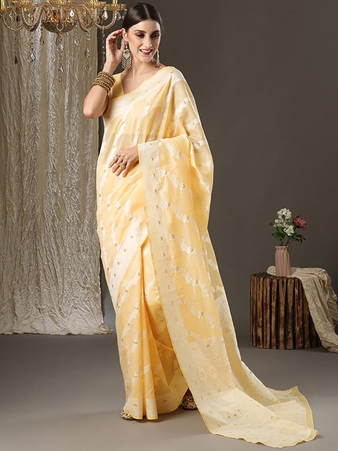 Saree Mall Beige Cotton Woven Saree With Unstitched Blouse Price in India