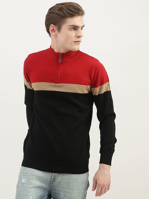 United Colors of Benetton Black & Red Regular Fit Colour Block Sweater