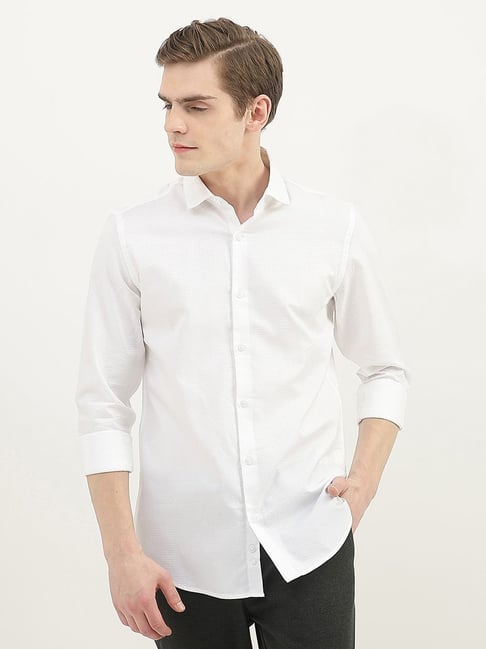 United Colors of Benetton White Cotton Slim Fit Texture Shirt