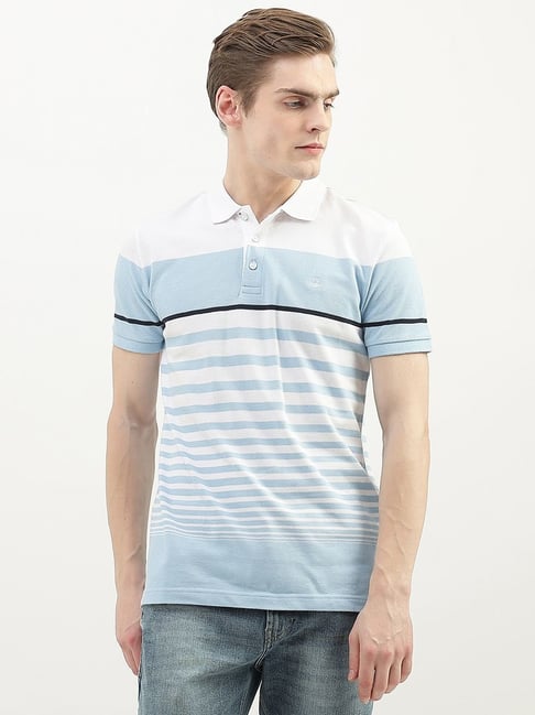 United Colors of Benetton Blue Cotton Regular Fit Striped Polo T-Shirt