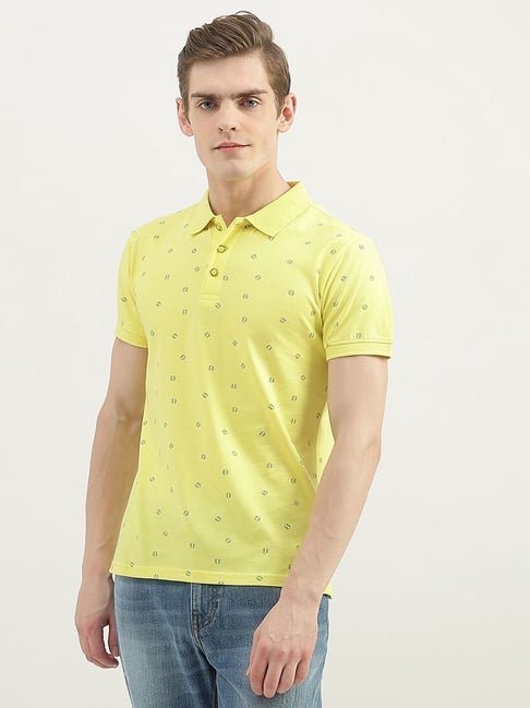 United Colors of Benetton Yellow Cotton Regular Fit Printed Polo T-Shirt