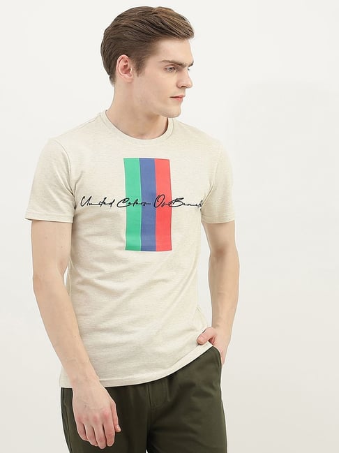 United Colors of Benetton Cream Cotton Regular Fit Printed T-Shirt