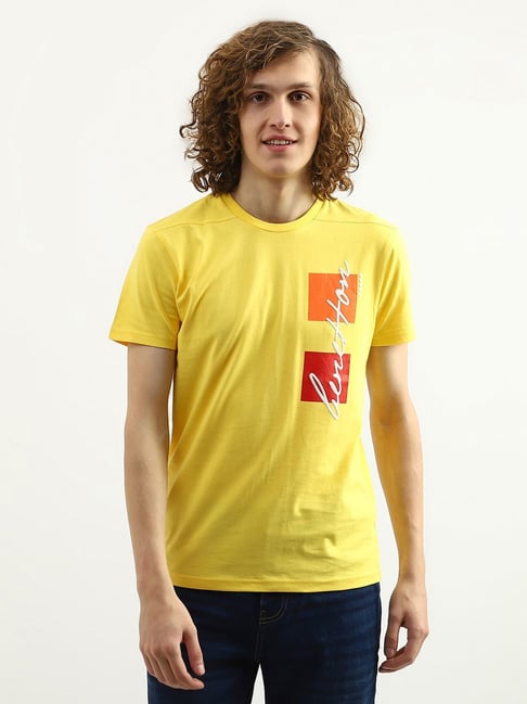 United Colors of Benetton Yellow Cotton Regular Fit Printed T-Shirt