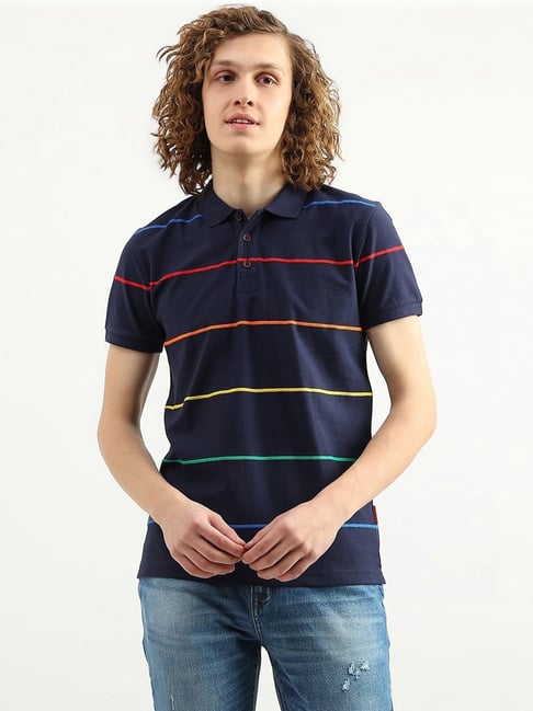 United Colors of Benetton Navy Blue Cotton Regular Fit Striped Polo T-Shirt