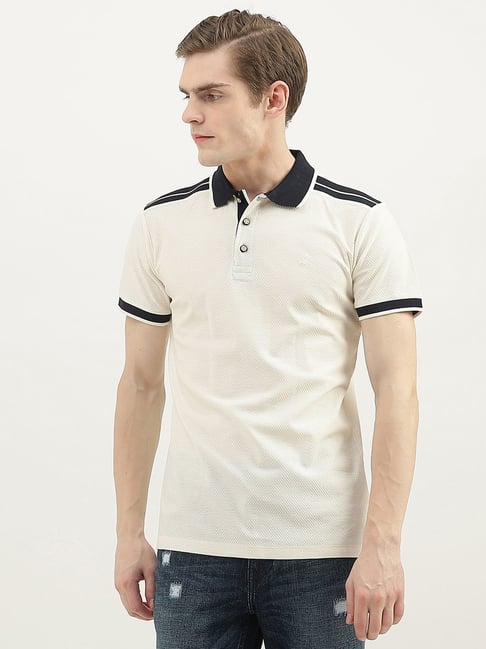 United Colors of Benetton Cream Cotton Regular Fit Texture Polo T-Shirt