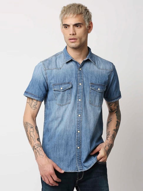 Pepe Jeans Light Blue Cotton Regular Fit Denim Shirt