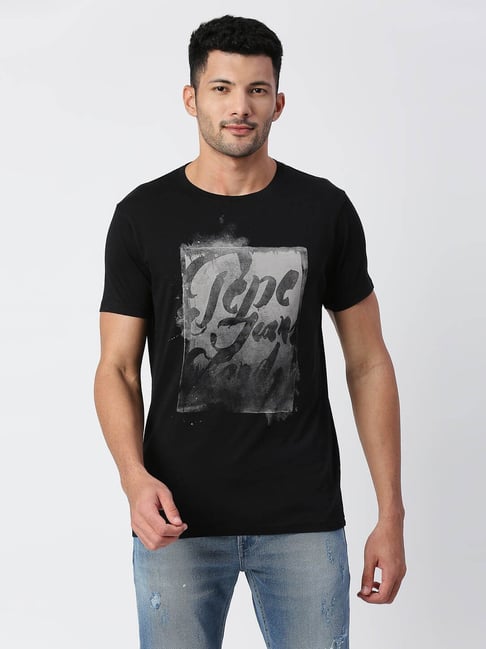 Pepe Jeans Black Cotton Regular Fit Printed T-Shirt