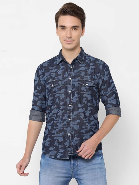 Pepe Jeans Blue Cotton Regular Fit Camouflage Shirt