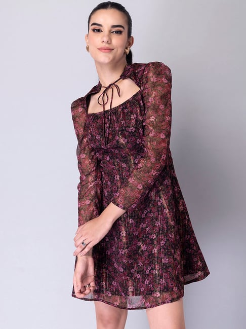 FabAlley Black Floral Print A Line Dress Price in India
