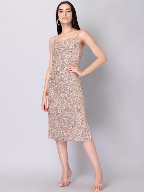 FabAlley Beige Embellished Shift Dress Price in India