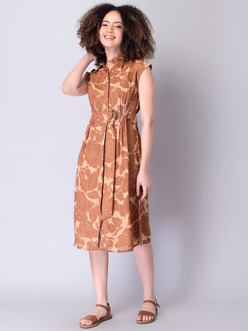FabAlley Beige Floral Print Shirt Dress Price in India
