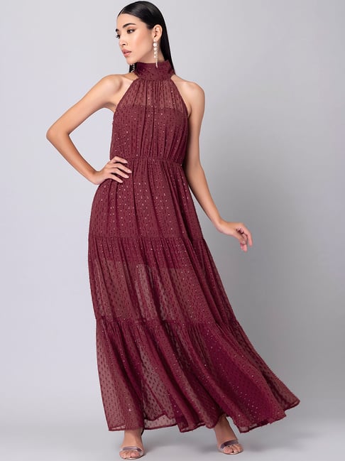 FabAlley Maroon Embellished Gown Price in India