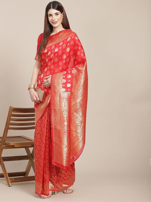 KSUT Red Silk Woven Saree With Unstitched Blouse Price in India