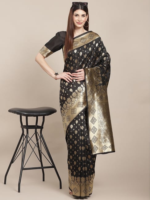 KSUT Black Silk Woven Saree With Unstitched Blouse Price in India